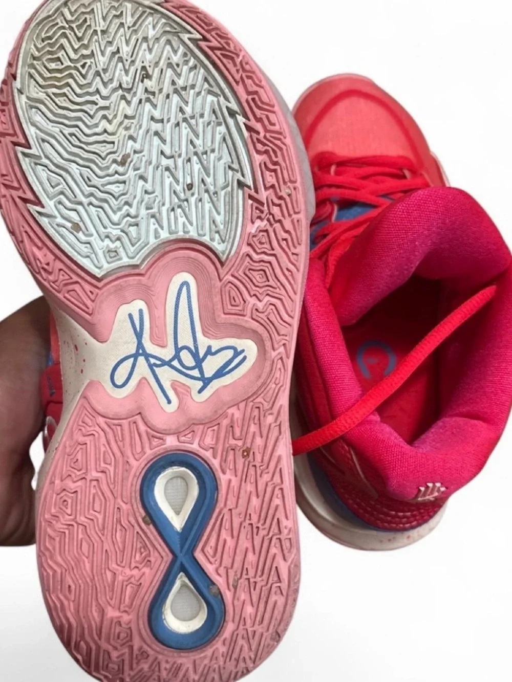 Nike mens Pink Red Basketball Sneakers with Blue Accents (NIKE KYRIE)